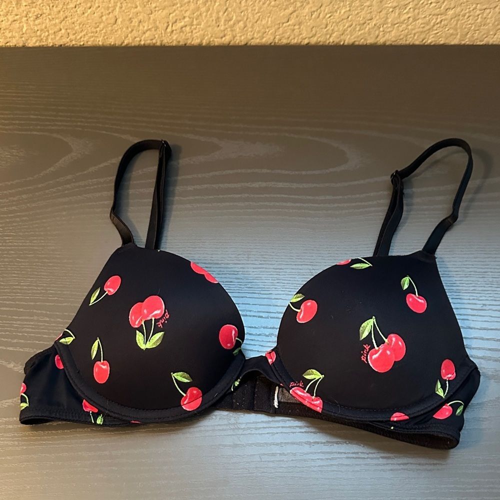 PINK Victoria's Secret Black Bra with Red Cherry Design